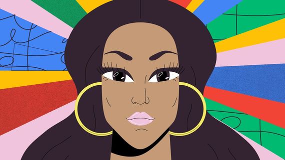 an illustration of a womans face with colours coming out from behind her