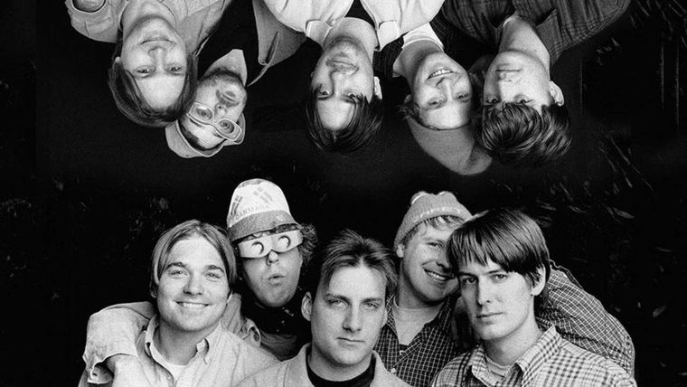 black and white double photo of the band Pavements