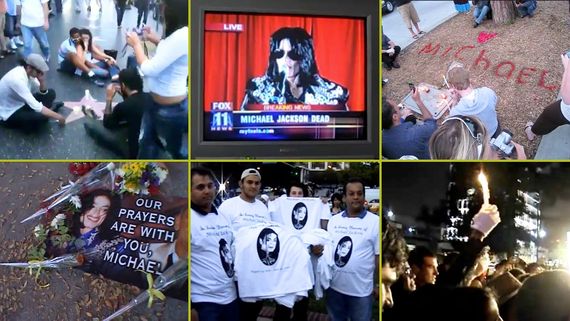 collage of Michael Jackson news footage and vigils