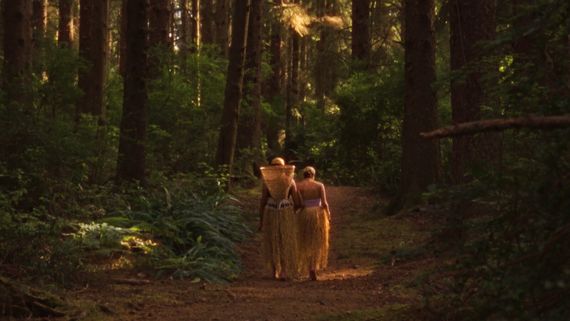 two people walking in the forest
