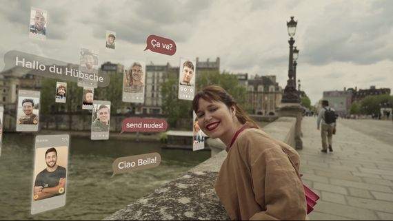 Woman on bridge with social media icons overlaid