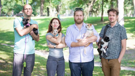 four people holding small dogs