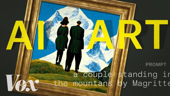 ai art, a framed illustration of a couple standing in the mountains