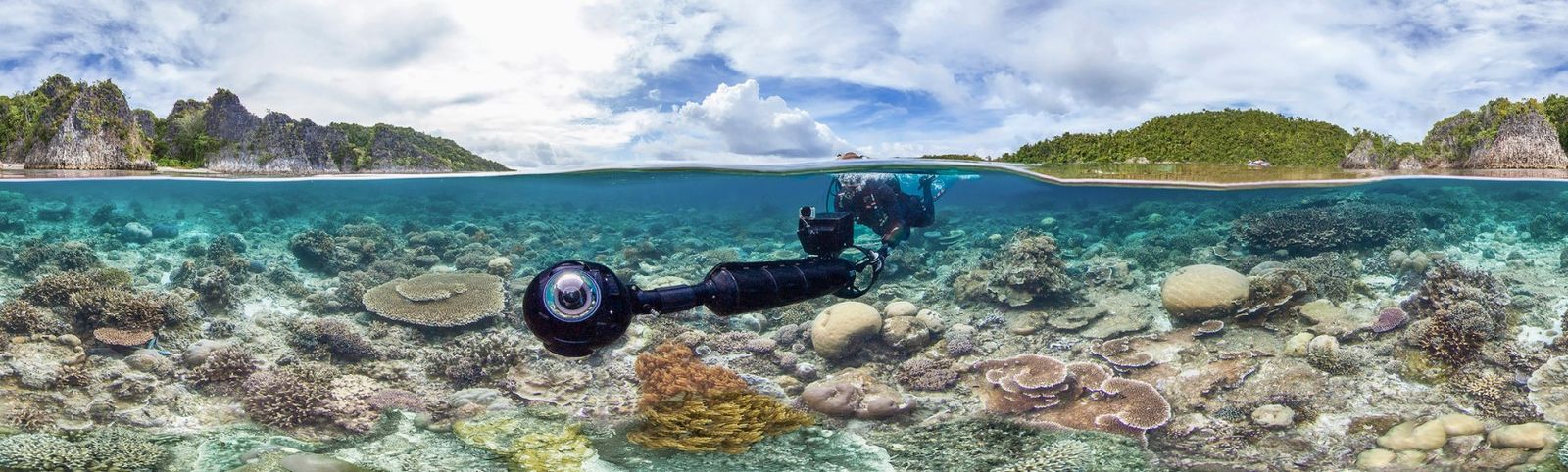 a diver exploring coral reef with a camera