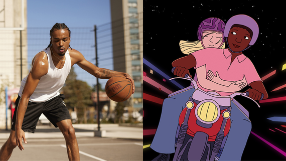 Split image - Teen playing basketball, illustration of two teams on a motorcycle