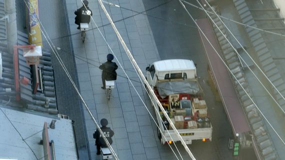 Aerial view of people on bikes
