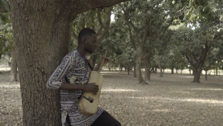 a man leaning against a tree playing music