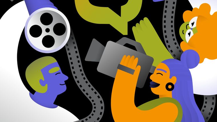 Illustration of people with film reel and camera