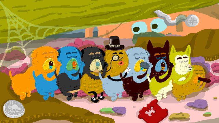 a line of colourful cartoon dogs leaning on eachother